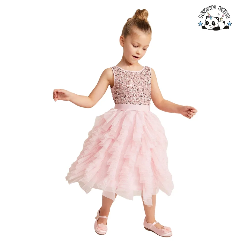 LEZONKIDS - Vestidos de Tule Sequins para Meninas com Desenhos Personalizados OEM Vestido de Princesa de Tule Sequins sem Mangas para Crianças